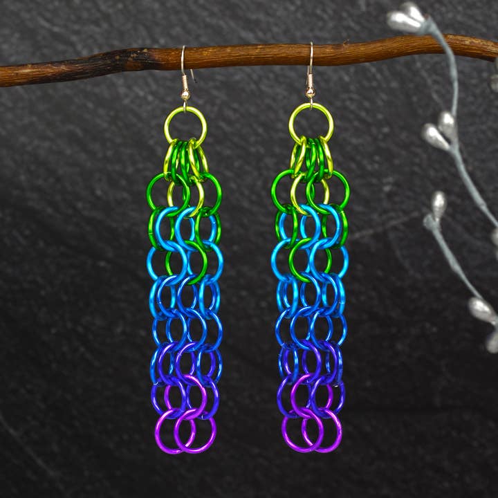 Long Mesh Chain Statement Earrings - PEACOCK for wholesale by Rebeca Mojica Jewelry