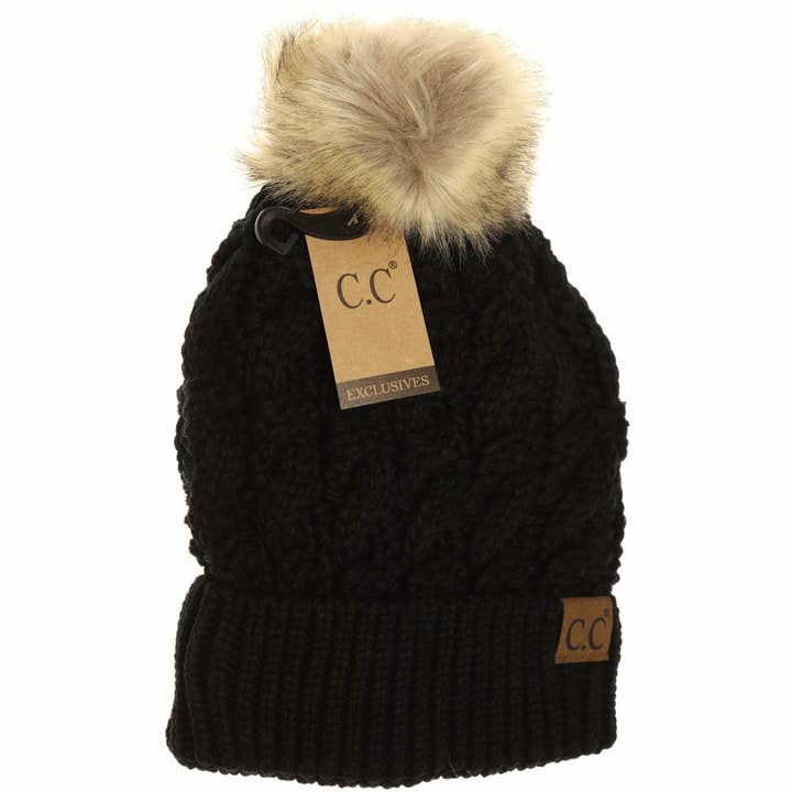 C.C Beanie - Wholesale Beanie - Women's - Ribbed Cable Knit Fur Pom Beanie YJ2021