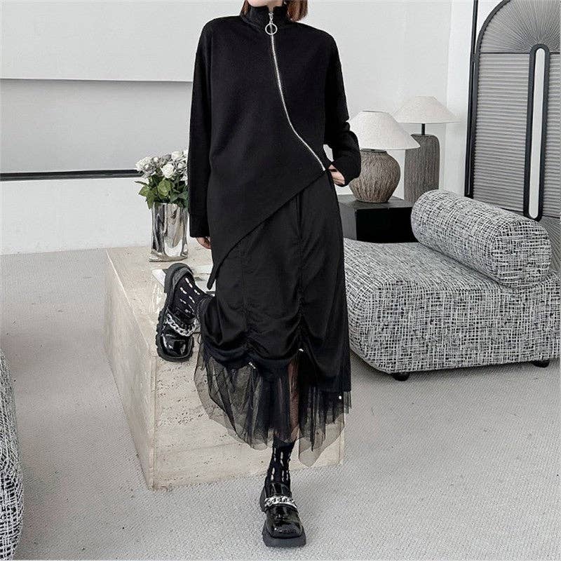 SCHWARZ Unifarbener High-Neck-Reißverschluss Unregelmäßiges T-Shirt-Top für den Großhandel auf Faire3