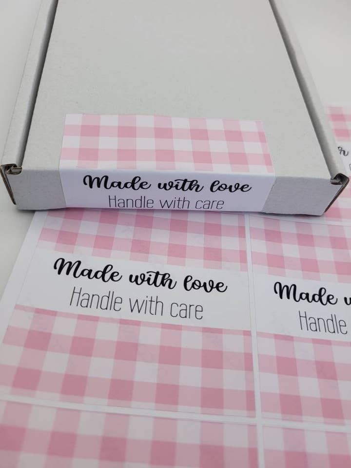 X6 Pink Gingham Box Seal Stickers, 3X3 Pip Box Seals for wholesale by The Sticker Scene