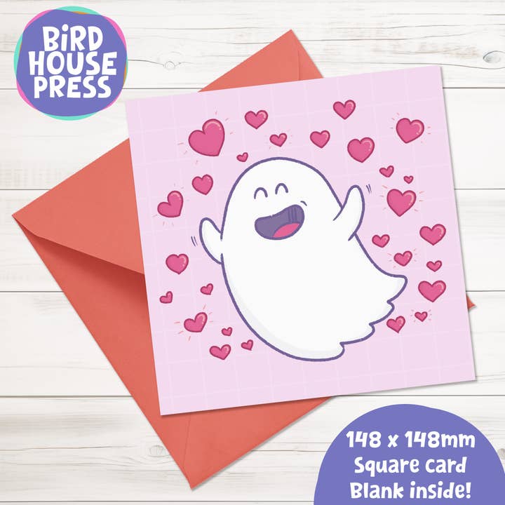 Cute Ghost and Hearts greeting card -148x148mm square card for wholesale by Bird House Press