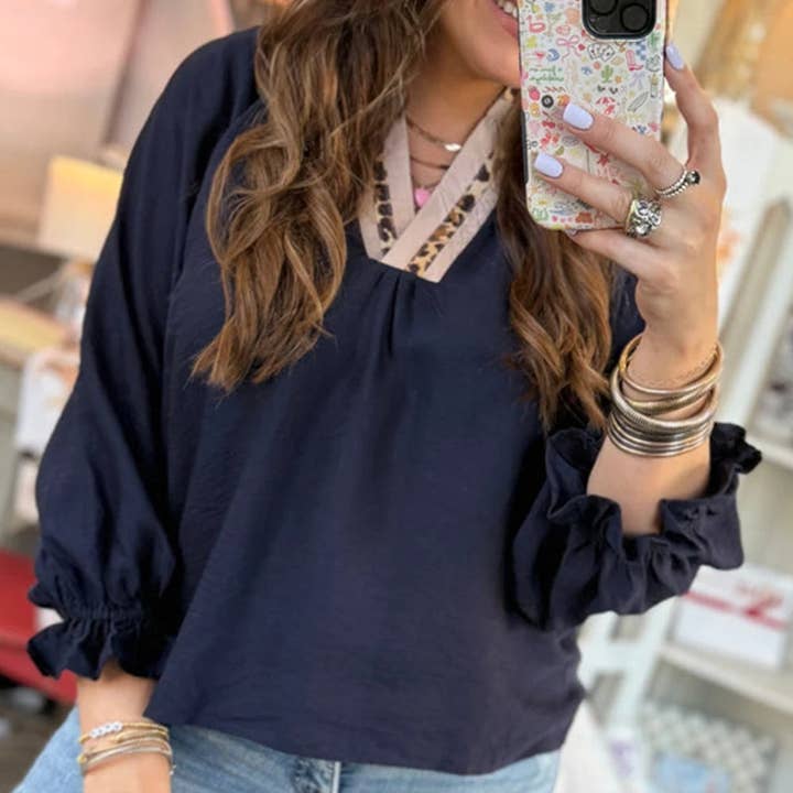 Navy Blue Contrast Leopard Patchwork Collar Plus Size Long Flounce Sleeve Blouse and other Purchase wholesale unique fashion. Free returns & net 60 terms on Faire trending on Faire.