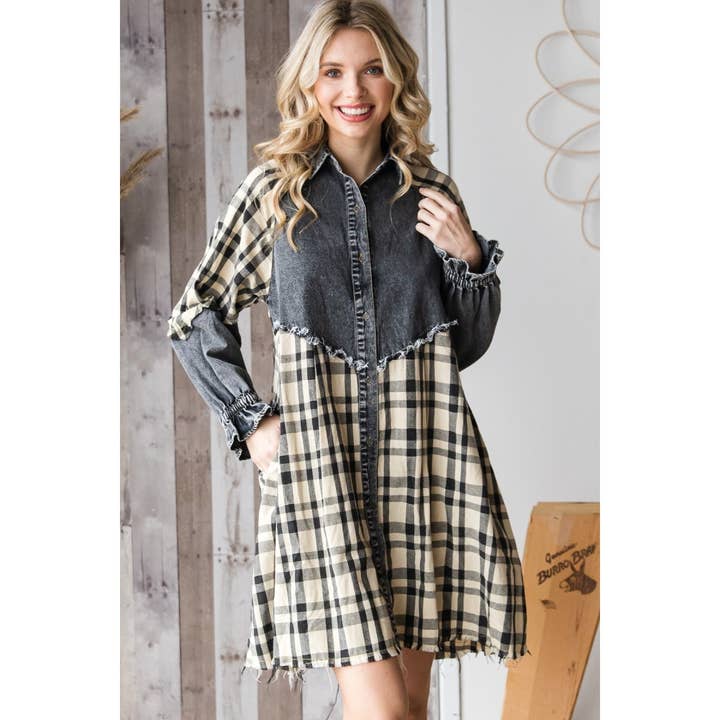 Veveret - Wholesale Dress - Women's - Plaid Contrast Denim Dress