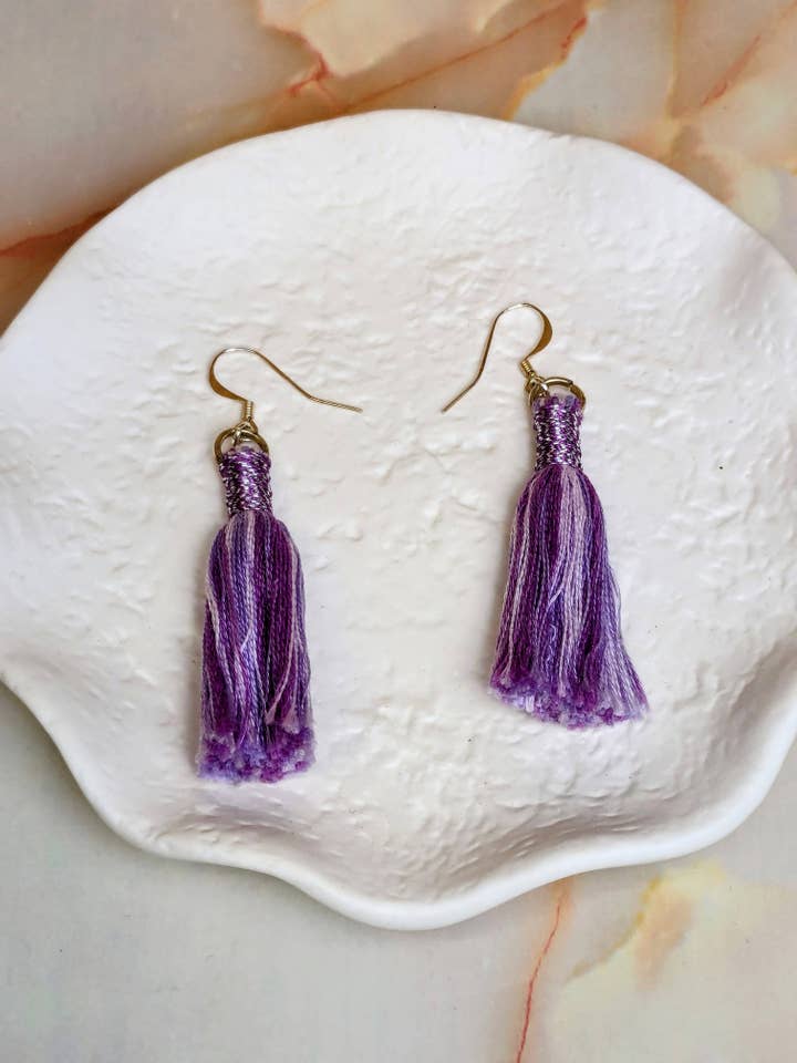"Kaylee Mini" Purple Tassel Earrings with Metallic Wrap for wholesale by Created By Lau