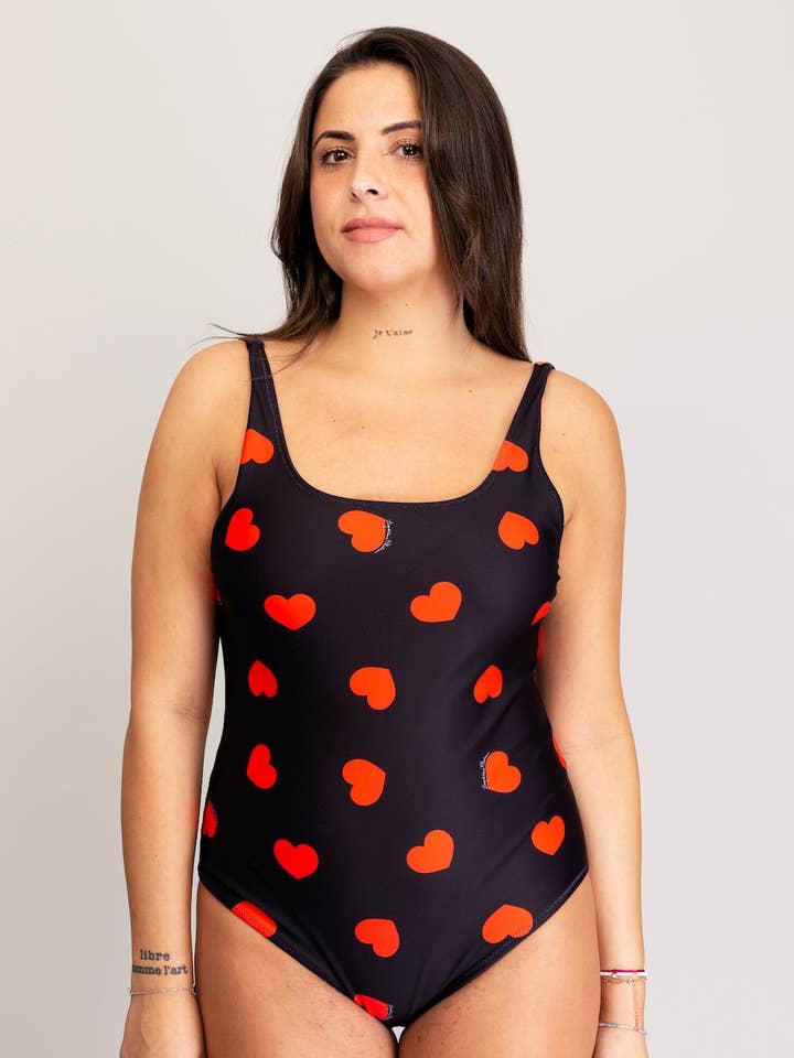 Maillot de Bain PENELOPE Noir Coeurs Rouges for wholesale by Léopoldine Chateau
