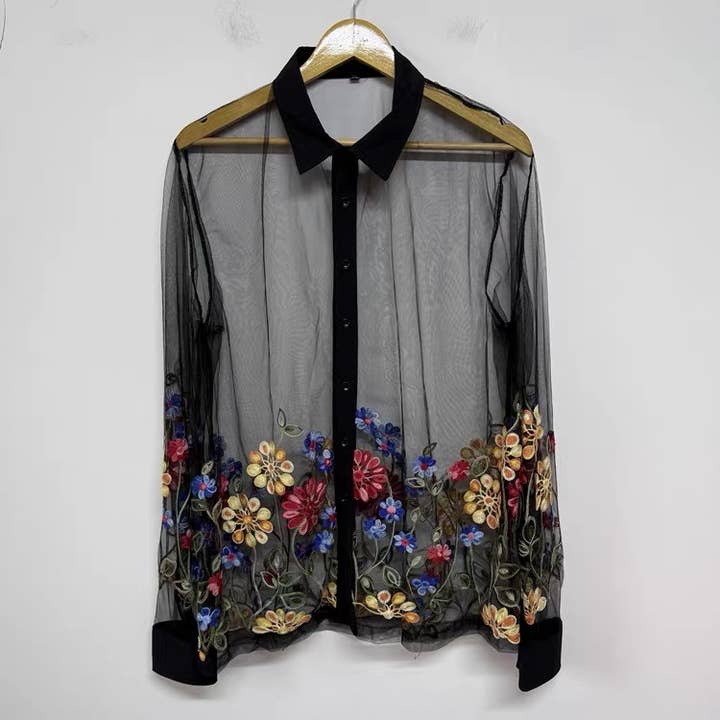 SY534 Floral Embroidered Sheer Mesh Layered Black Shirt for wholesale by Sanyao Fashion