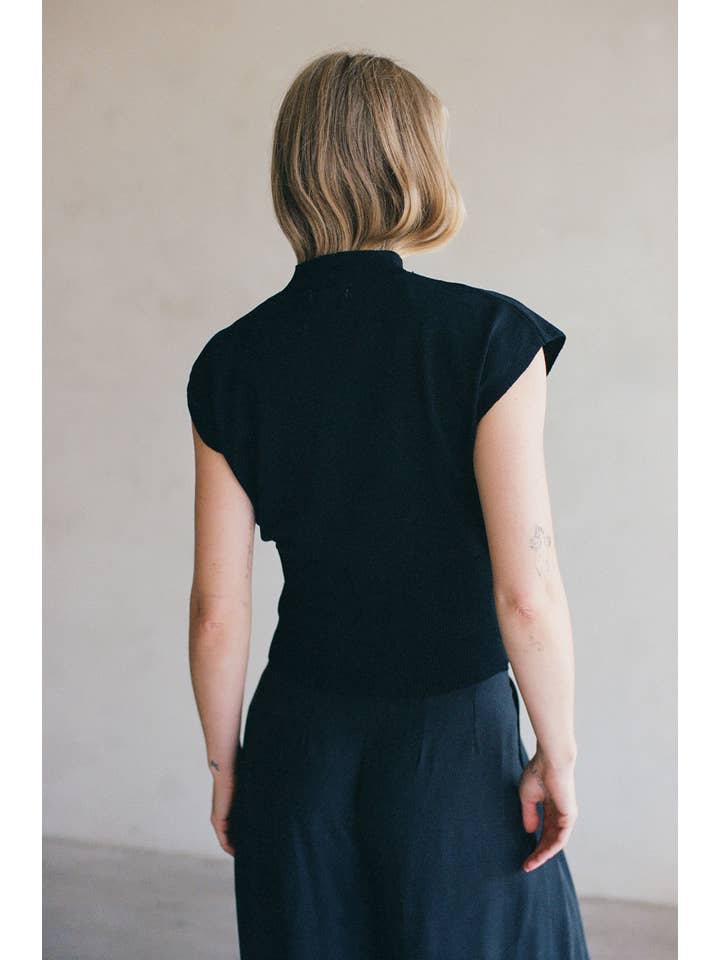 Black AW1044 | Knit Viscose Nylon Sweater Sleeveless Mock Neck Top for wholesale on Faire