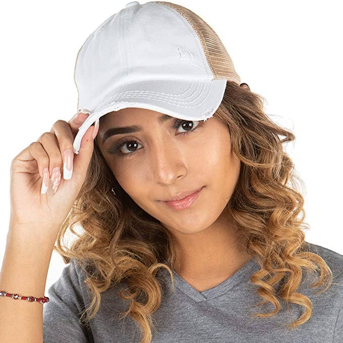 Funky Junque - Wholesale Trucker hat – Women’s - Trucker Hat (White/Beige Mesh)0