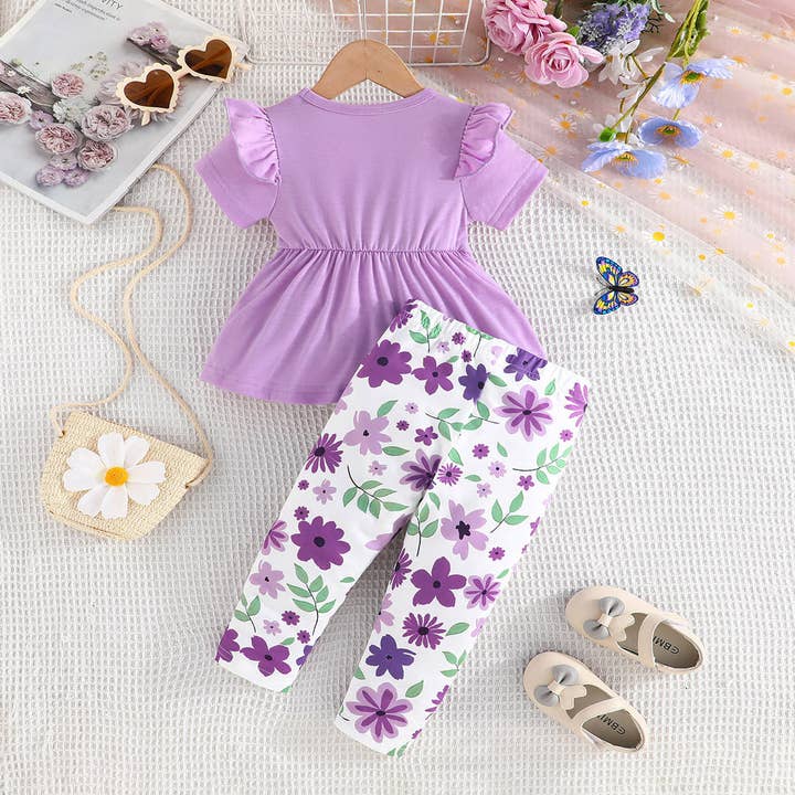 lila 3-24M Bebisflickor Set Rosett Kortärmade Toppar Växttryck Byxor Grossist Babykläder V3824040700067 för wholesale på Faire