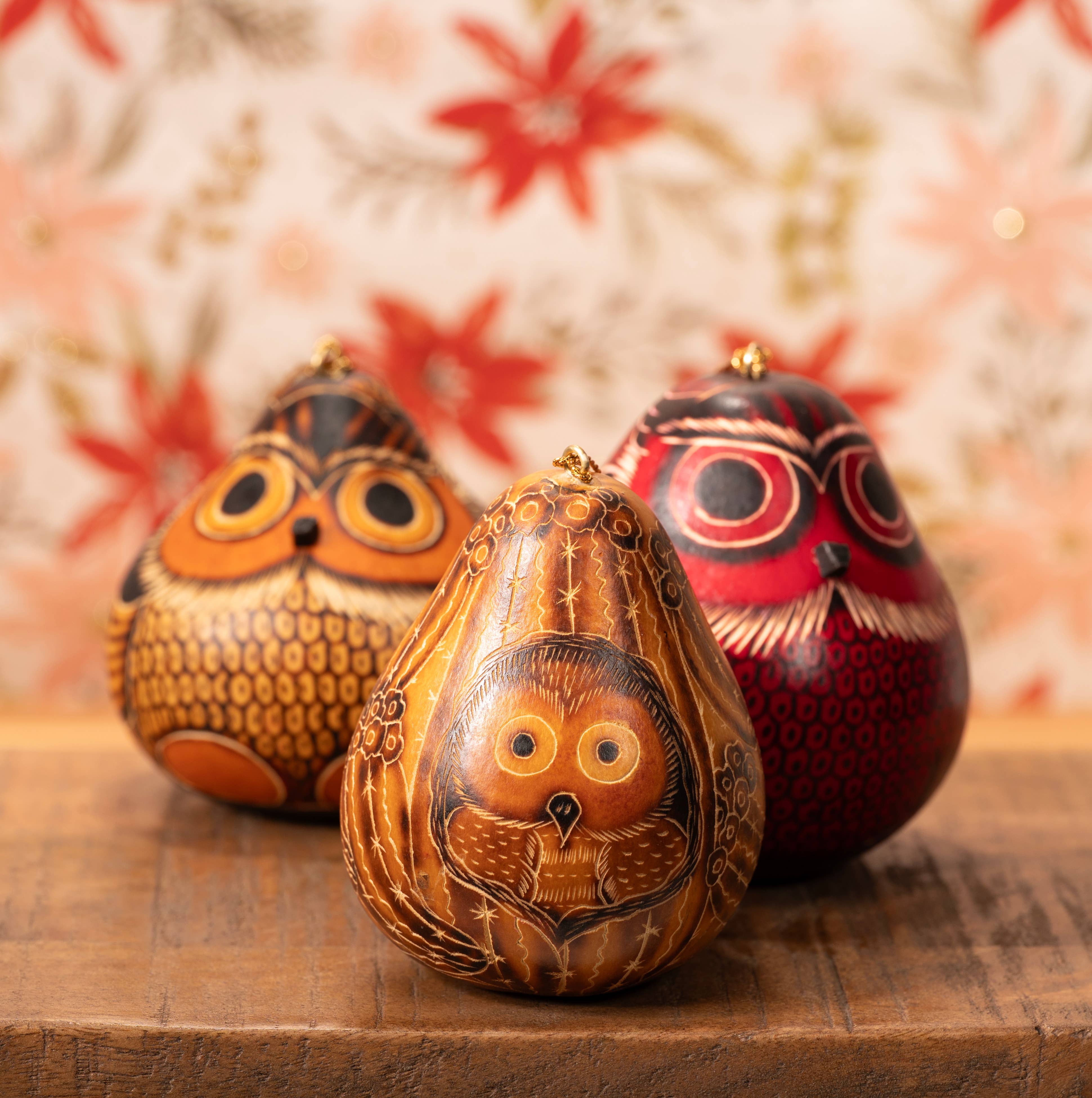Lucuma Designs - Wholesale Ornament - Owls Mix - Gourd Ornament - Artist Made4