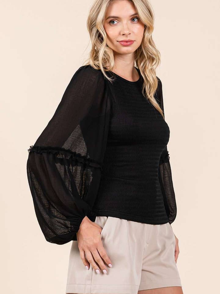 mittoshop - Wholesale Knit Top - Women's - MIXED MEDIA TEXTURED KNIT CHIFFON LONG SLEEVE TOP16