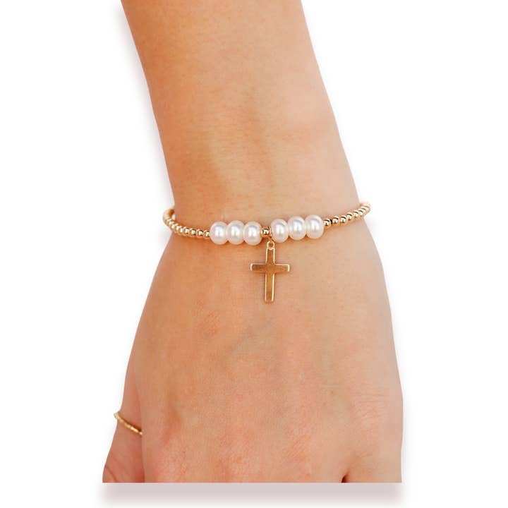 Beaded Blondes - Wholesale Charm/Dangle Bracelet - Cross + Pearl Gold Charm Bracelet
