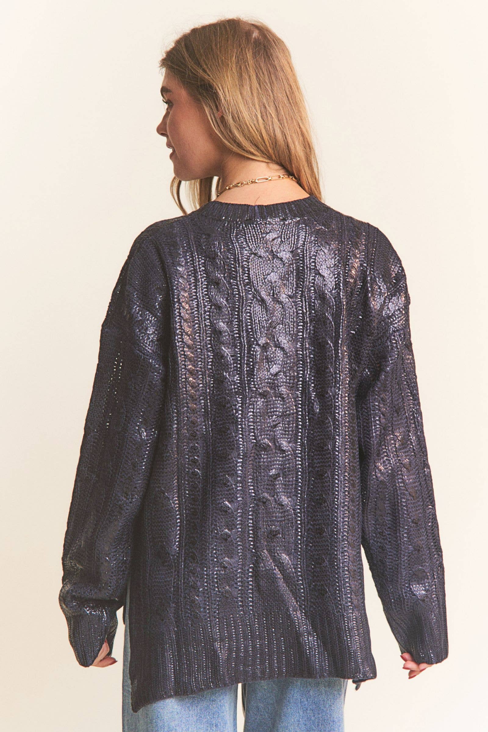 Soft Black Cire Fabric Knit Round Neck Sweater for wholesale on Faire5