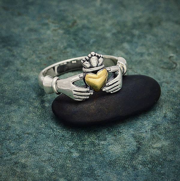 Nina Designs - Wholesale Band/Stacked Ring - Sterling Silver Claddagh Ring with Bronze Heart