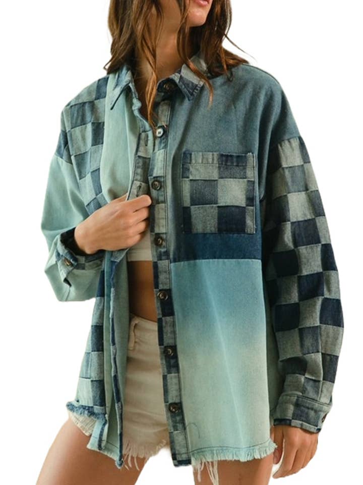 Checker Denim Mix Match Washed Shirt for wholesale by Vanilla Monkey