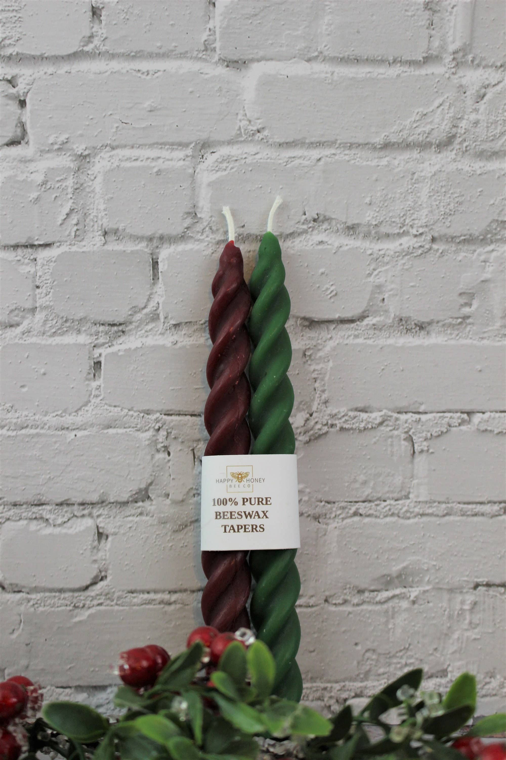 Happy Honey Bee Co. - Vente Bougies/bougeoirs coniques - Bougies en cire d'abeille Twisted Taper, 7 pouces, rouge bordeaux et vert6
