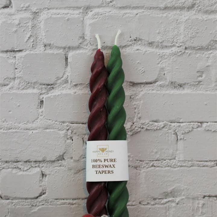 Happy Honey Bee Co. - Wholesale Tapered Candle/Candlestick - Twisted Taper Beeswax Candles, 7 Inches Burgundy Red & Green6