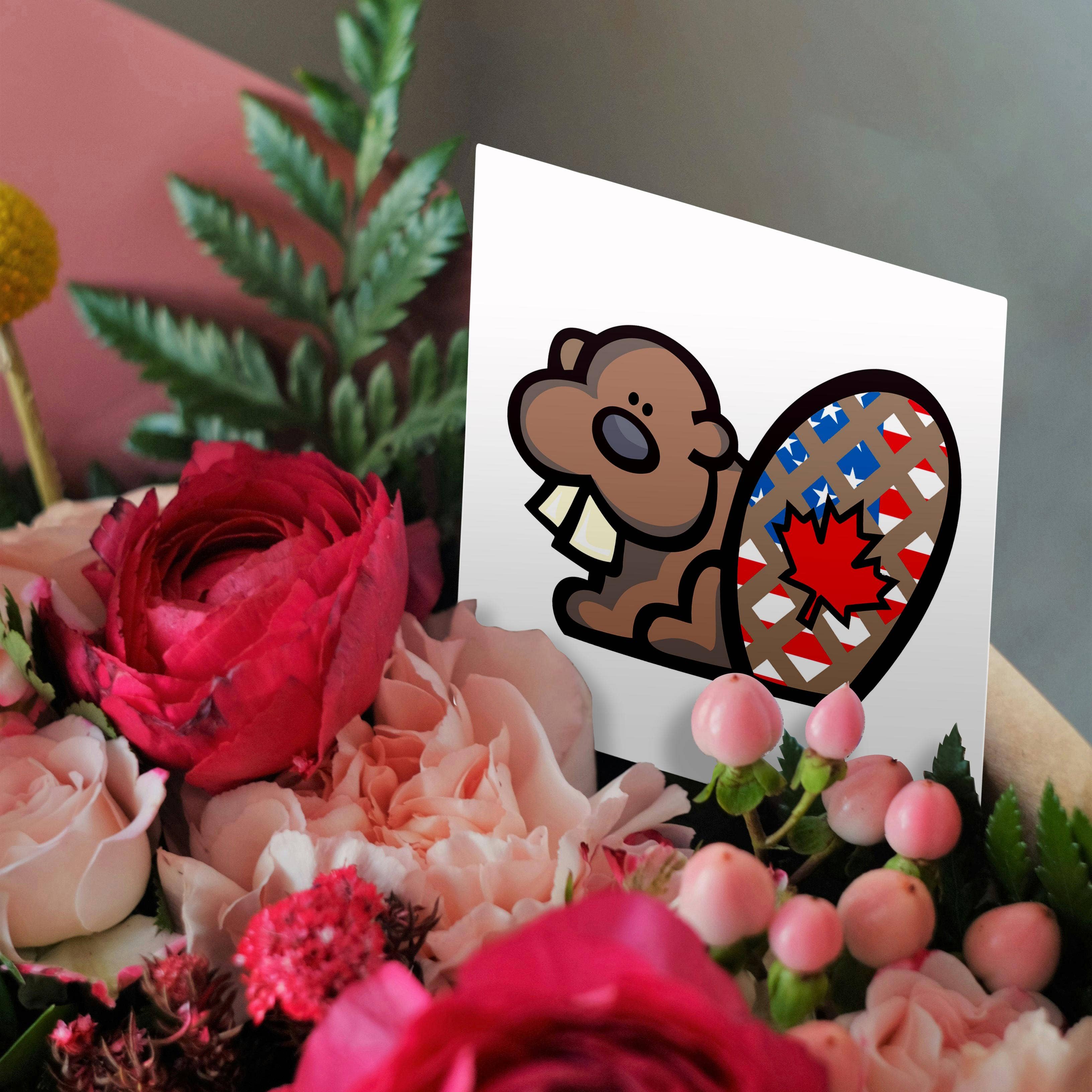 3dRose - Vente Carte de vœux classique - 3dRose, Carte de vœux mignonne avec un castor américain canadien, fierté nationale animale, dessin animé2