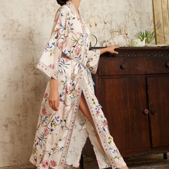 safistyle – wholesale Robe – Women's – Beige Chinoiserie Floral Kimono Robe - Spa Wrap for Bridal4