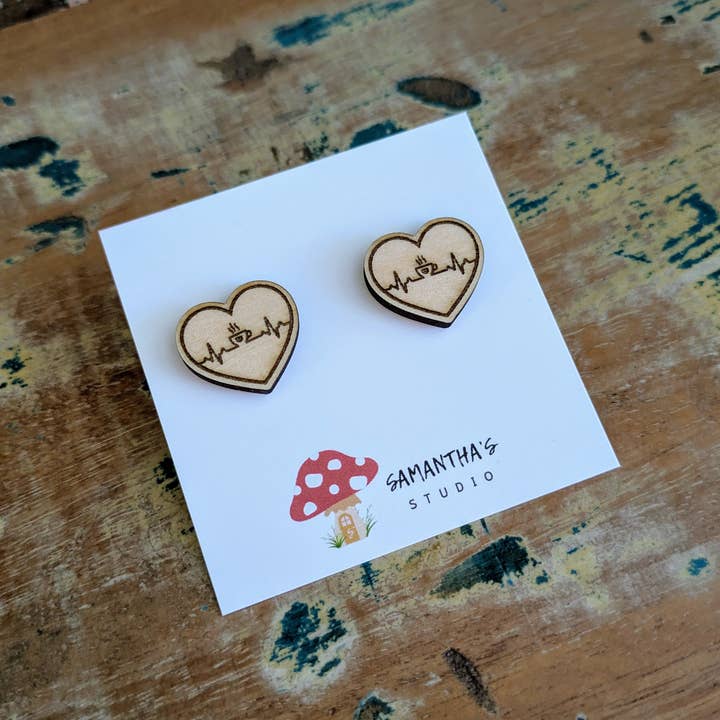 Samantha's Studio - Wholesale Stud/post earrings - Coffee earrings - Coffee is my lifeline wooden earrings 1