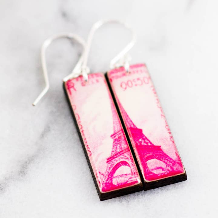 Pink Eiffel Tower Vintage Postage Stamp Earrings for wholesale by No Man's Land