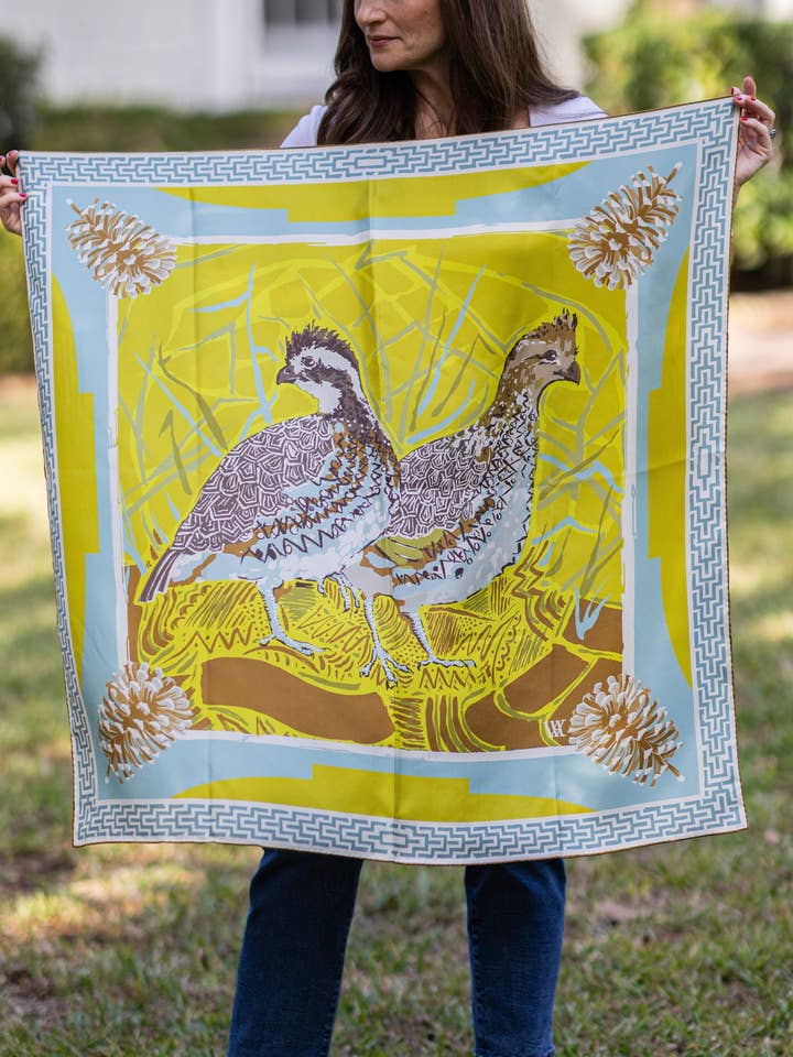 Chartreuse Quail Pair - Double-Sided Silk Scarf for wholesale by Austin Williams Art