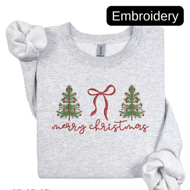 Merry Christmas Embroidered Bow & Trees Sweatshirt for wholesale by 222 PARKSIDE