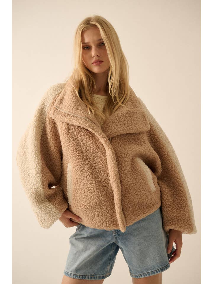 Coconut Milk Camel Colorblock Sherpa Fleece Zip-Up Jacket for wholesale on Faire5
