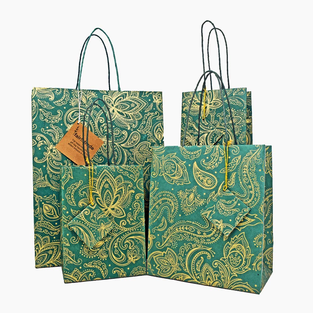 Fair to Trade Ltd – Saco de presente por atacado – Saco de Presente de Papel Lokta Feito à Mão Verde/Dourado Paisley para Garrafa2