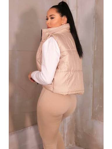 Femme Luxe - Wholesale Jacket - Women's - Nude High Neck Sleeveless Zip Up Cropped Puffer Gilet - Brea
