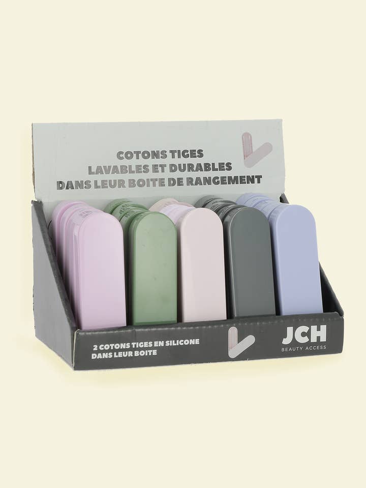 Reusable cotton bud display with silicone tip for wholesale by JCH BEAUTY ACCESS