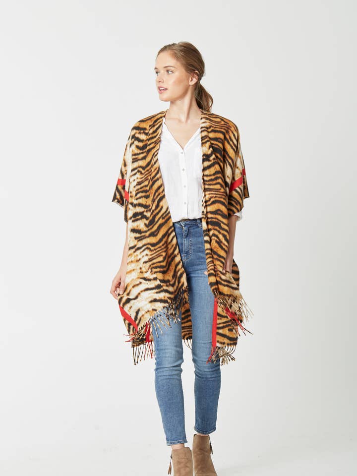 Kimono confortevole con motivo tigre a righe con bordo per la vendita all'ingrosso da parte di Do Everything In Love®