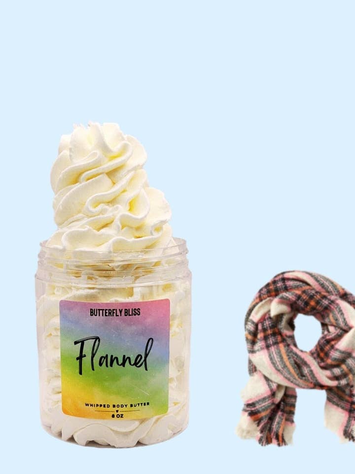 Flannel Body Butter | Bomuld pisket kropssmør | Ren linned duftende gaver | Flannel | Vanille duftende | Flannel Body Lotion | Sandeltræ for engroshandel hos Butterfly Bliss