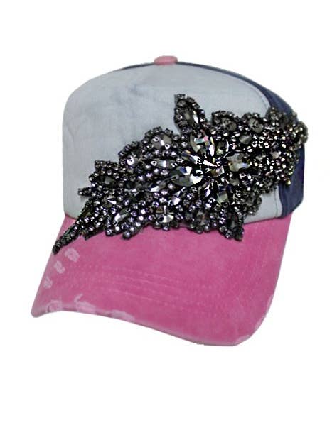 Gunmetal Colored Flower Rhinestone Distressed Pigment Cap for wholesale by Cap Zone