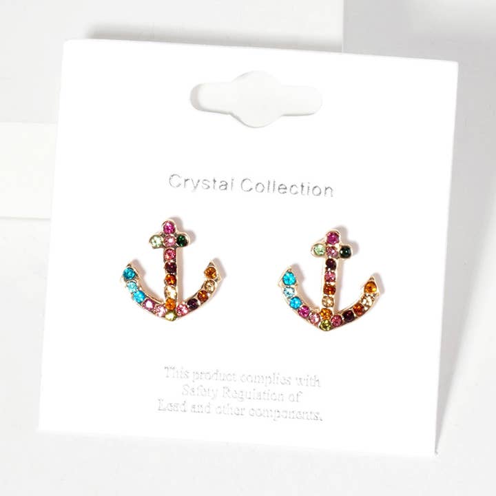 Sensibling Corp. - Venta al por mayor Pendientes de botón/aretes de poste - Pendientes de botón con ancla pavimentada de cristal de imitación.14