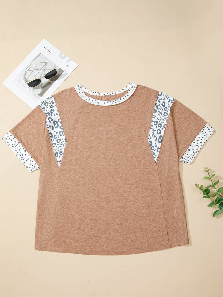 Plus Size Leopard Colorblock Patchwork Tee for wholesale by PRETTY BASH