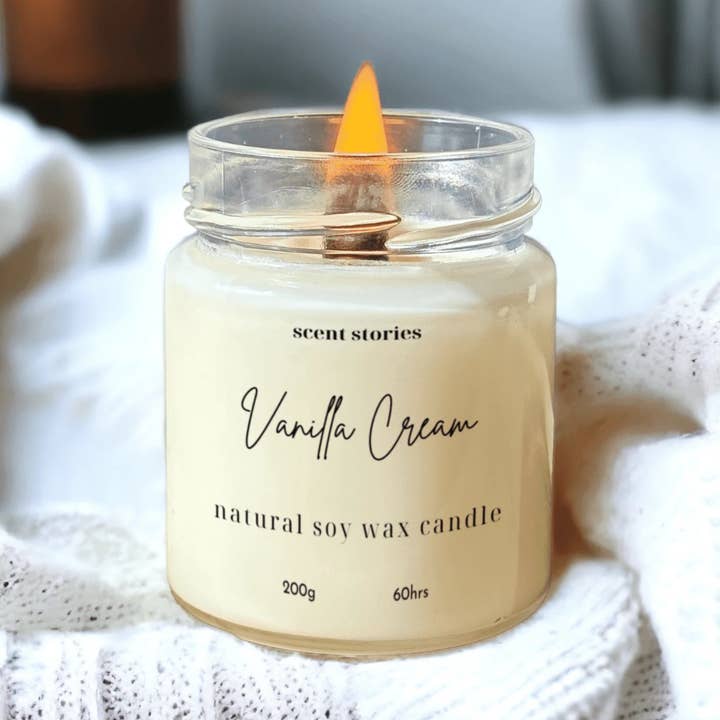 Vanilla Cream - Wooden Wick Soy Candle Jar With Lid-215ml for wholesale by Scent Stories