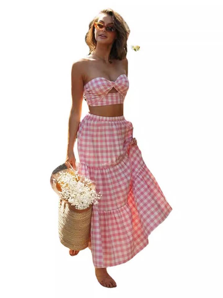 Blue Summer Sexy Plaid Set Hot European US Style for wholesale on Faire77