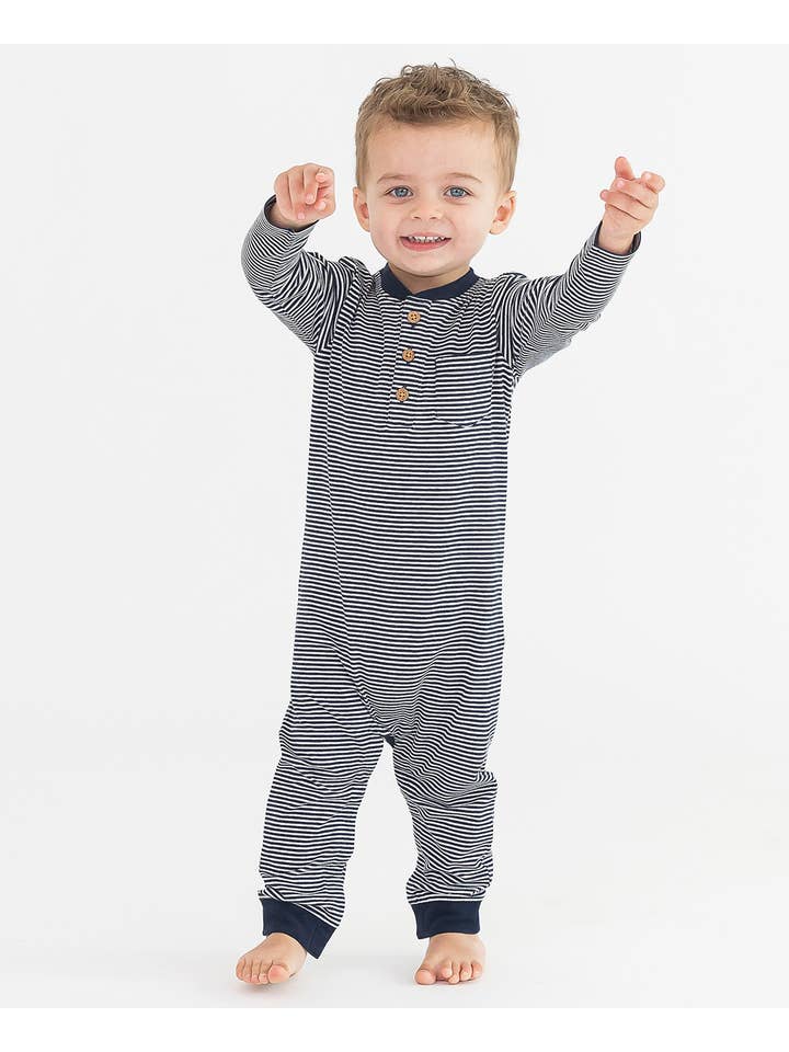 Blue Baby Tiny Navy Stripe Knit Henley Pocket Romper
for wholesale on Faire