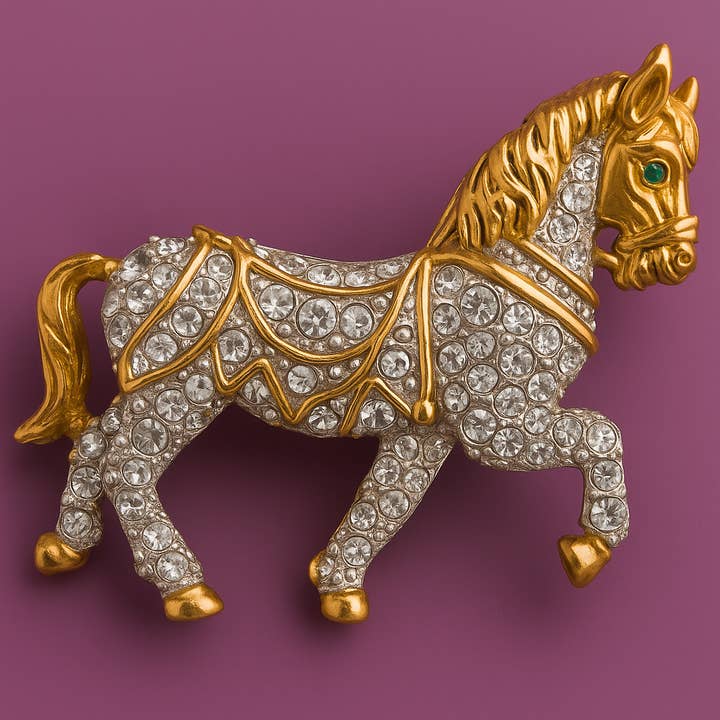 Vintage Gold-Tone Horse Brooch With Rhinestones for wholesale by Wilde Aesthetics
