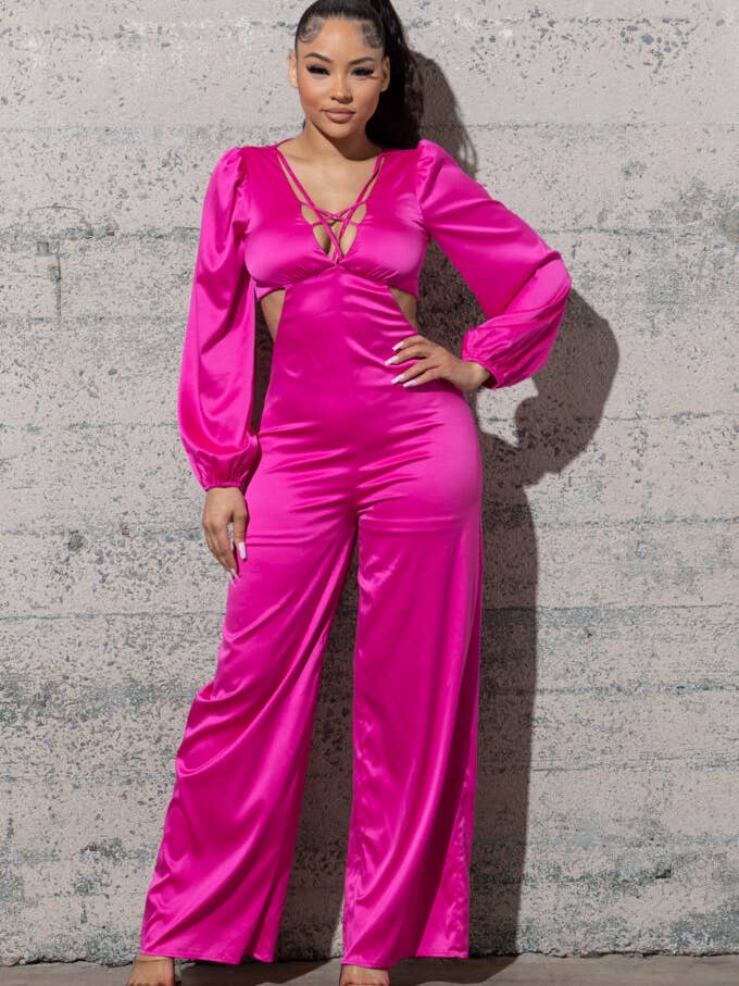 STRETCHY SATIN JUMPSUIT WITH LONG PUFFY SLEEVES for wholesale by Melrose with Love