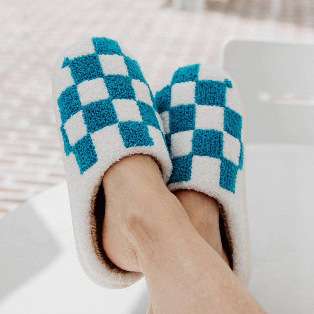 White Teal Checkered Pattern Slippers for wholesale on Faire0