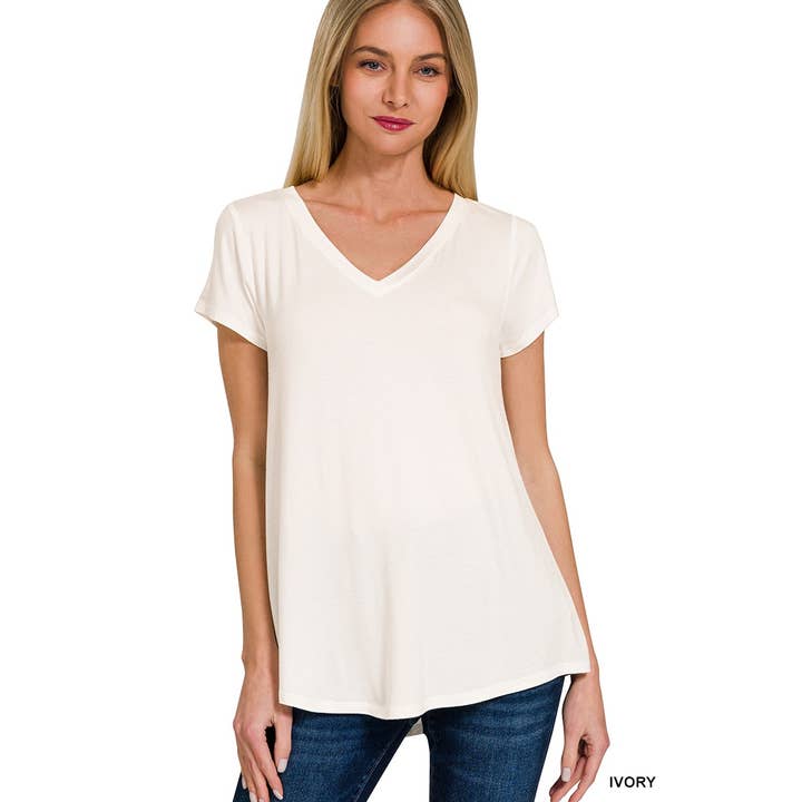 RAYON SHORT SLEEVE V-NECK ROUND HEM TOP for wholesale by Apolline