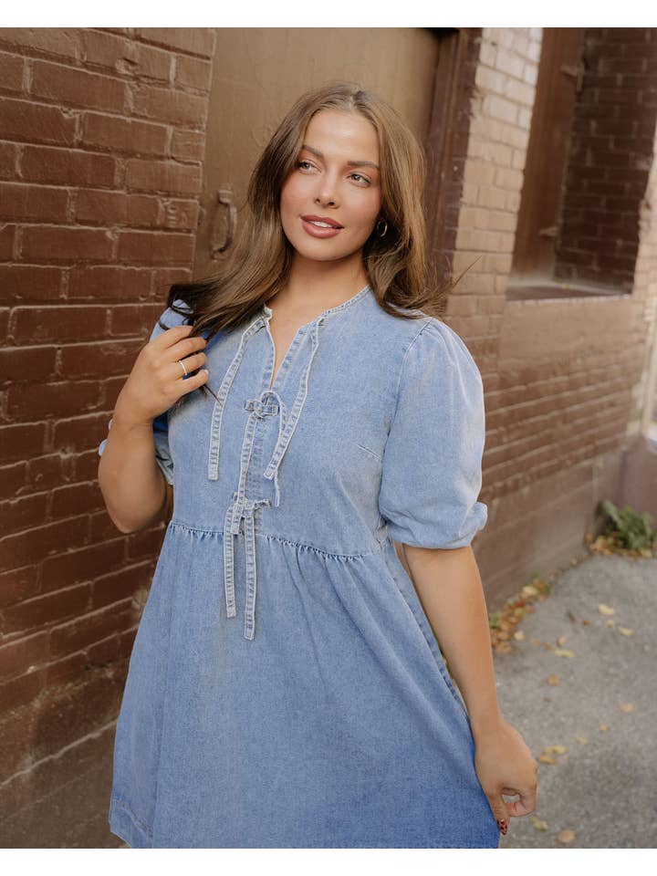 Dusk Blue Fallon Bowknot Puff Sleeve Denim Dress for wholesale on Faire6