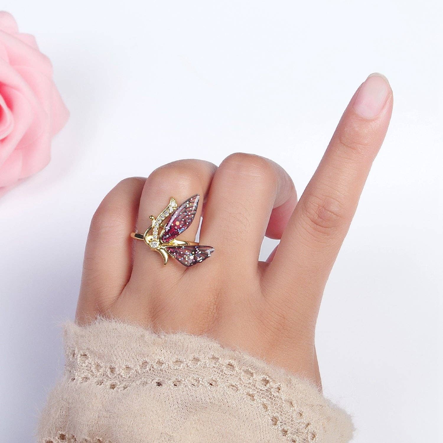 Aim Eternal - Wholesale Ring met meerdere stenen - Micro geplaveide antenne Butterfly Fairy Fuchsia, verstelbare ring met blauwe vleugels | Y398 Y3991