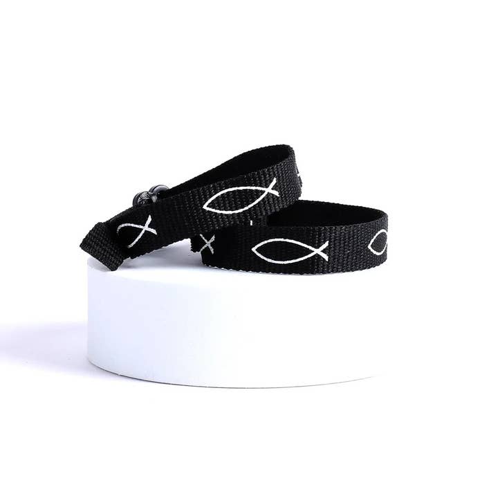 Swanson Christian Products - Wholesale Woven/Braided Bracelet - Bracelet Woven Fish Black Pk481