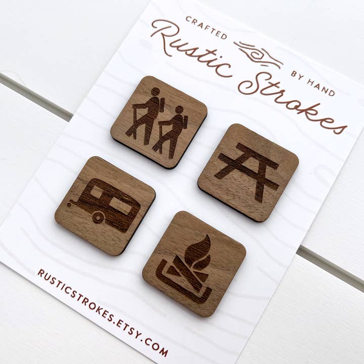 Hiking Themed Park Sign Wood Magnets Set of 4 for wholesale by RusticStrokes
