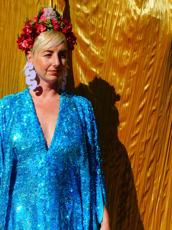 Fumbalinas - Vente Caftan – femme - Robe Caftan Maxi en Sequins Holographiques Turquoise / Kimono Robe6