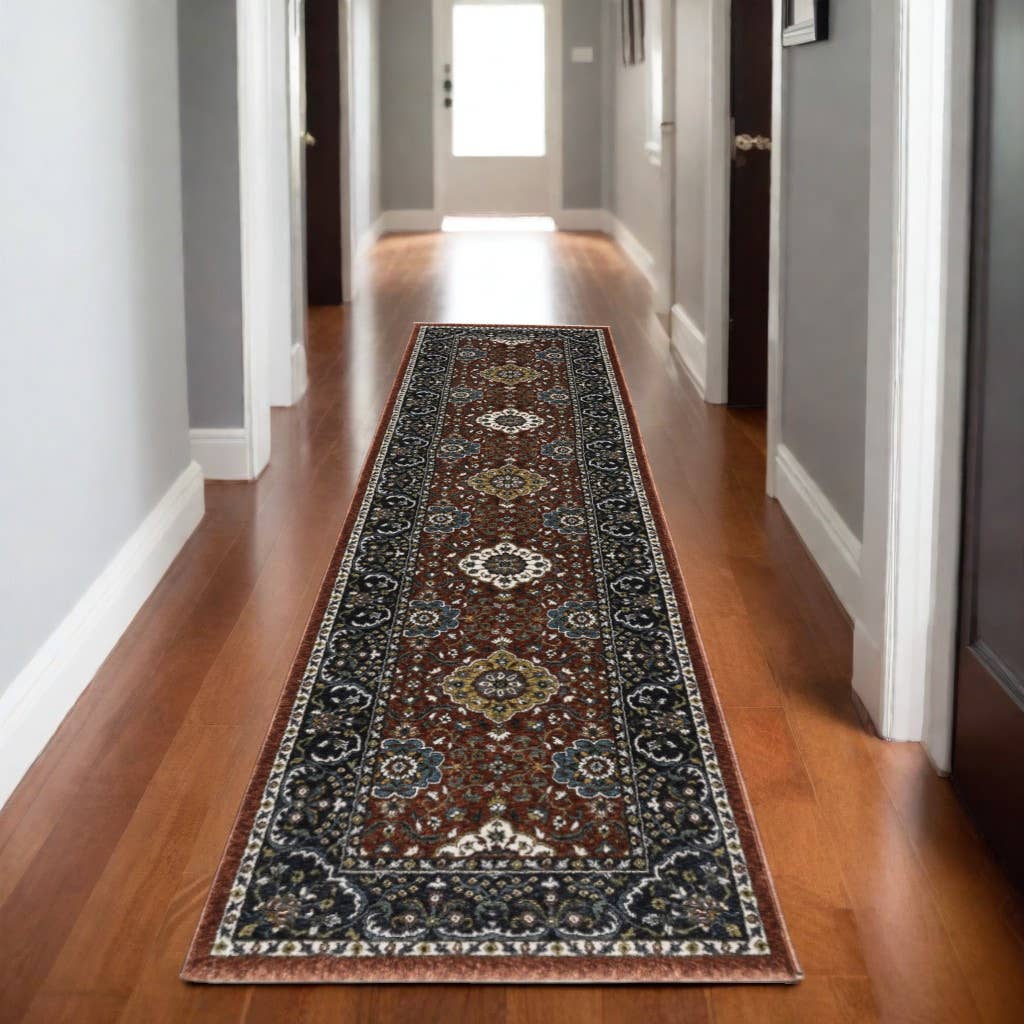 HomeRoots – Großhandel Teppichvorleger – 8' Roter Medaillon-Läuferteppich mit Fransen1