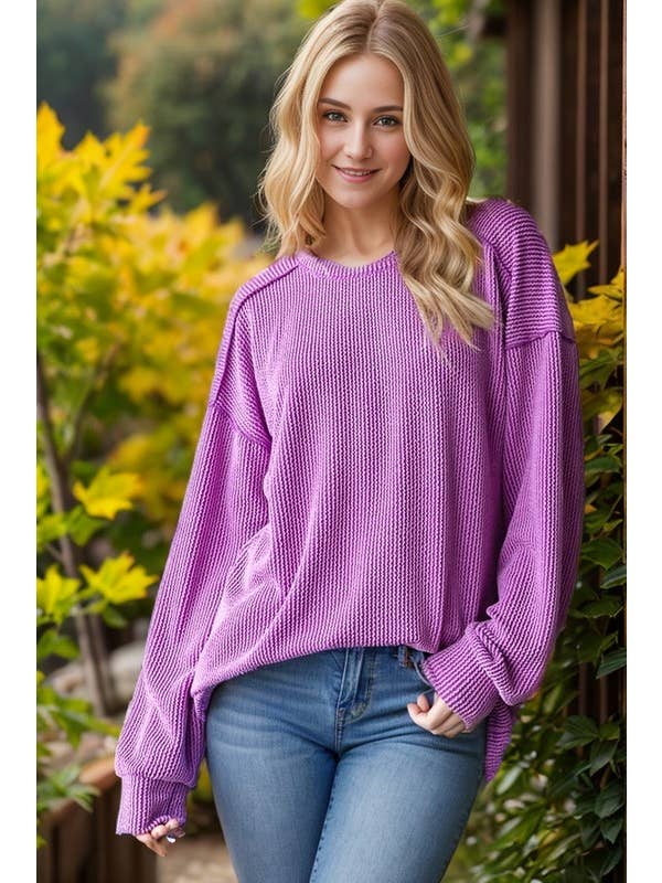 HEIMISH - Wholesale Knit Top - Women's - ET7684-10 LONG PUFF SLEEVE SOLID URBAN RIBBED TOP